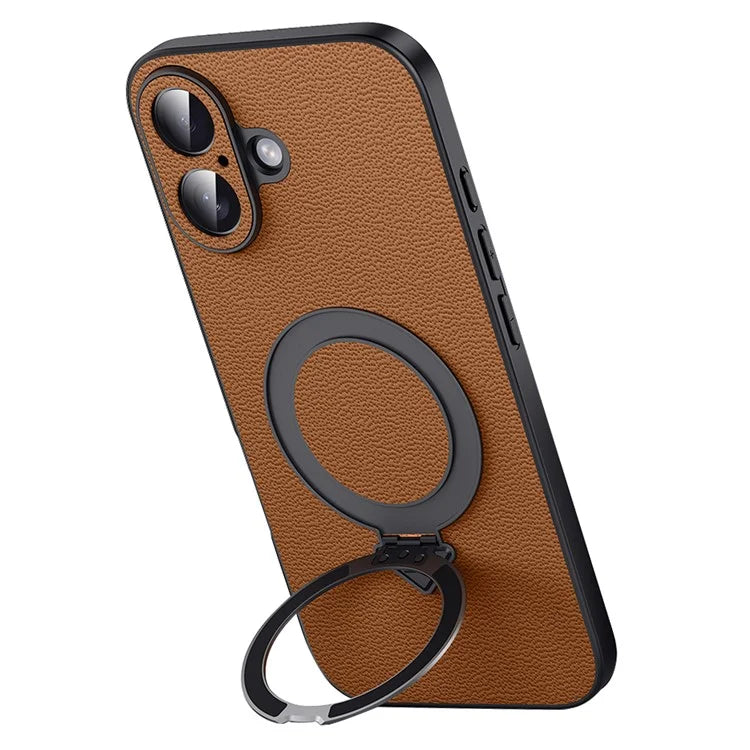 For iPhone 16 Plus Case Compatible with MagSafe Genuine Cow Leather+PC Kickstand Phone Cover
