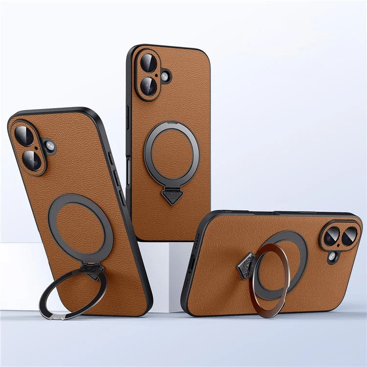 For iPhone 16 Plus Case Compatible with MagSafe Genuine Cow Leather+PC Kickstand Phone Cover