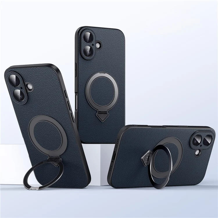 For iPhone 16 Plus Case Compatible with MagSafe Genuine Cow Leather+PC Kickstand Phone Cover