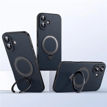 For iPhone 16 Plus Case Compatible with MagSafe Genuine Cow Leather+PC Kickstand Phone Cover