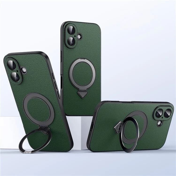 For iPhone 16 Plus Case Compatible with MagSafe Genuine Cow Leather+PC Kickstand Phone Cover
