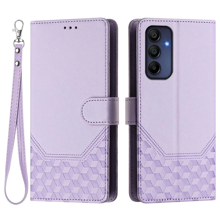 For Samsung Galaxy A16 5G Case Imprinted Honeycomb RFID Blocking Leather Phone Cover with Strap