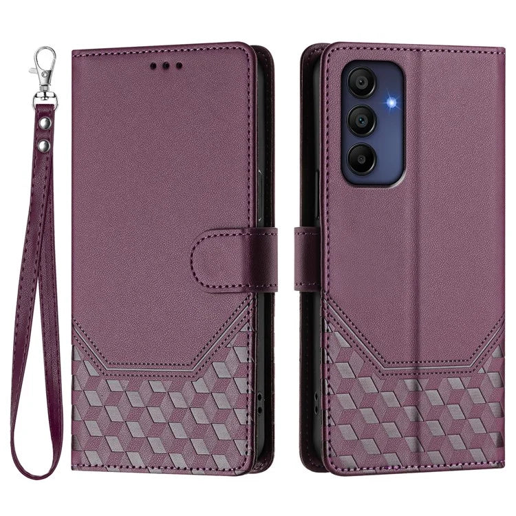 For Samsung Galaxy A16 5G Case Imprinted Honeycomb RFID Blocking Leather Phone Cover with Strap