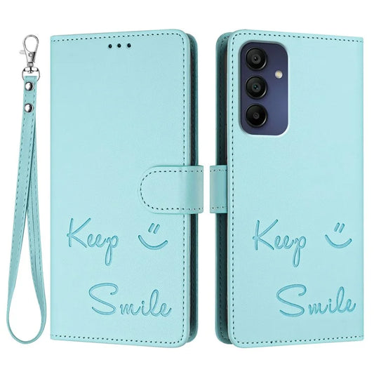 For Samsung Galaxy A16 5G Case Smile Imprinted RFID Blocking Leather Phone Cover with Strap