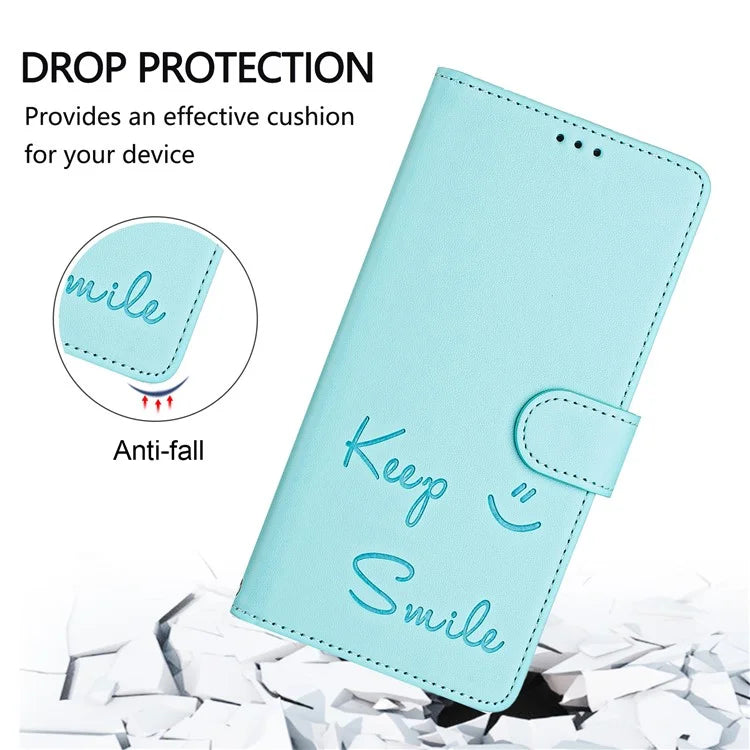 For Samsung Galaxy A16 5G Case Smile Imprinted RFID Blocking Leather Phone Cover with Strap