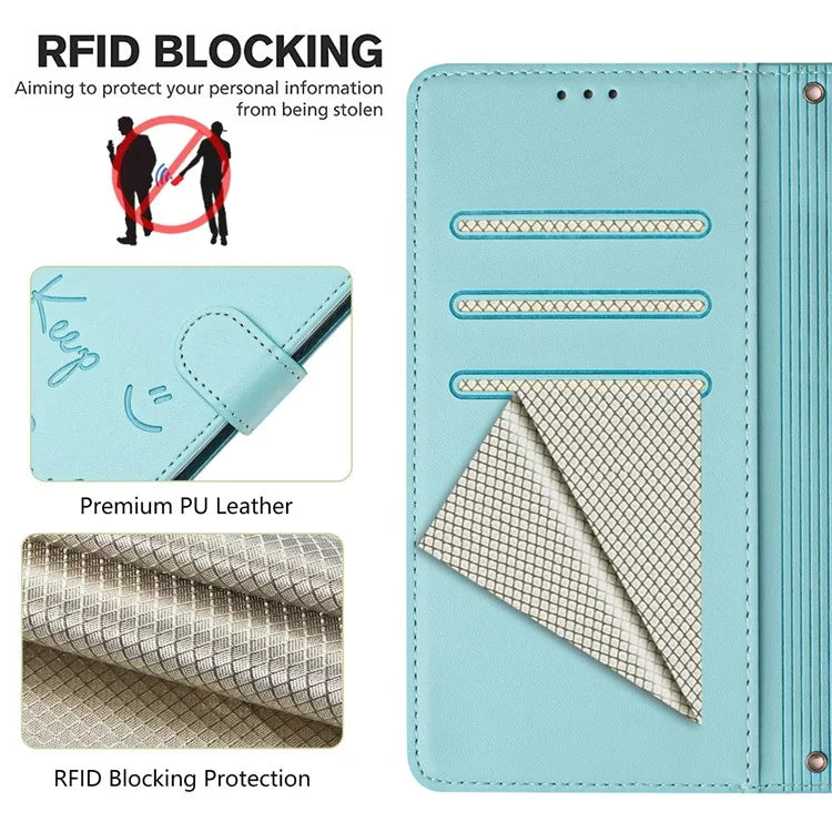 For Samsung Galaxy A16 5G Case Smile Imprinted RFID Blocking Leather Phone Cover with Strap
