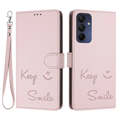 For Samsung Galaxy A16 5G Case Smile Imprinted RFID Blocking Leather Phone Cover with Strap