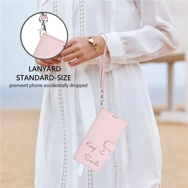 For Samsung Galaxy A16 5G Case Smile Imprinted RFID Blocking Leather Phone Cover with Strap