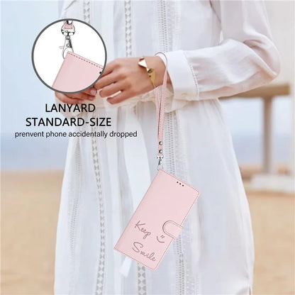 For Samsung Galaxy A16 5G Case Smile Imprinted RFID Blocking Leather Phone Cover with Strap
