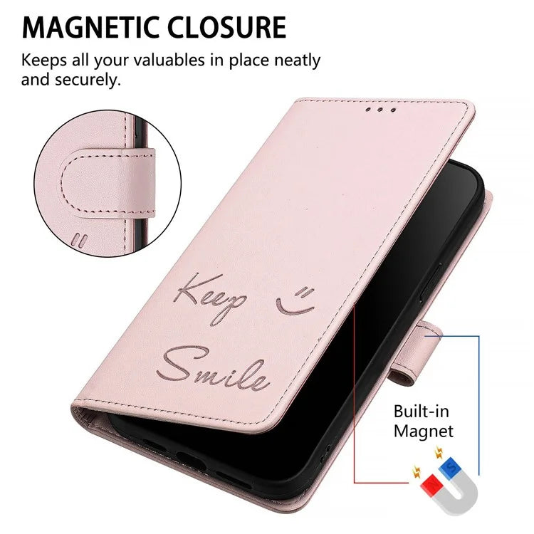 For Samsung Galaxy A16 5G Case Smile Imprinted RFID Blocking Leather Phone Cover with Strap