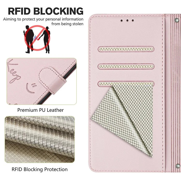 For Samsung Galaxy A16 5G Case Smile Imprinted RFID Blocking Leather Phone Cover with Strap