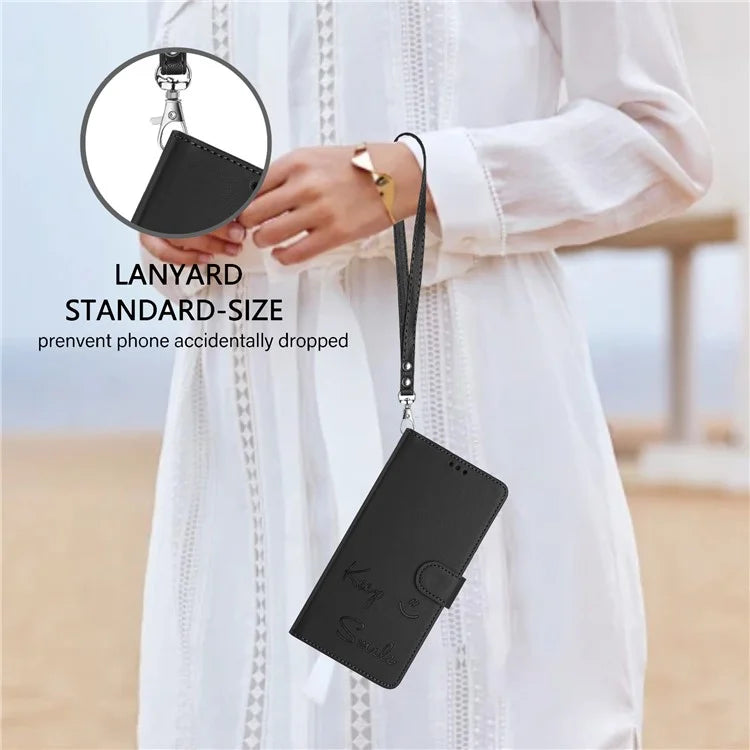 For Samsung Galaxy A16 5G Case Smile Imprinted RFID Blocking Leather Phone Cover with Strap