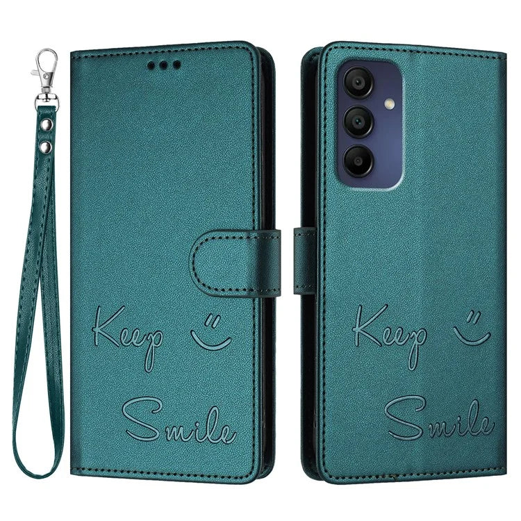 For Samsung Galaxy A16 5G Case Smile Imprinted RFID Blocking Leather Phone Cover with Strap