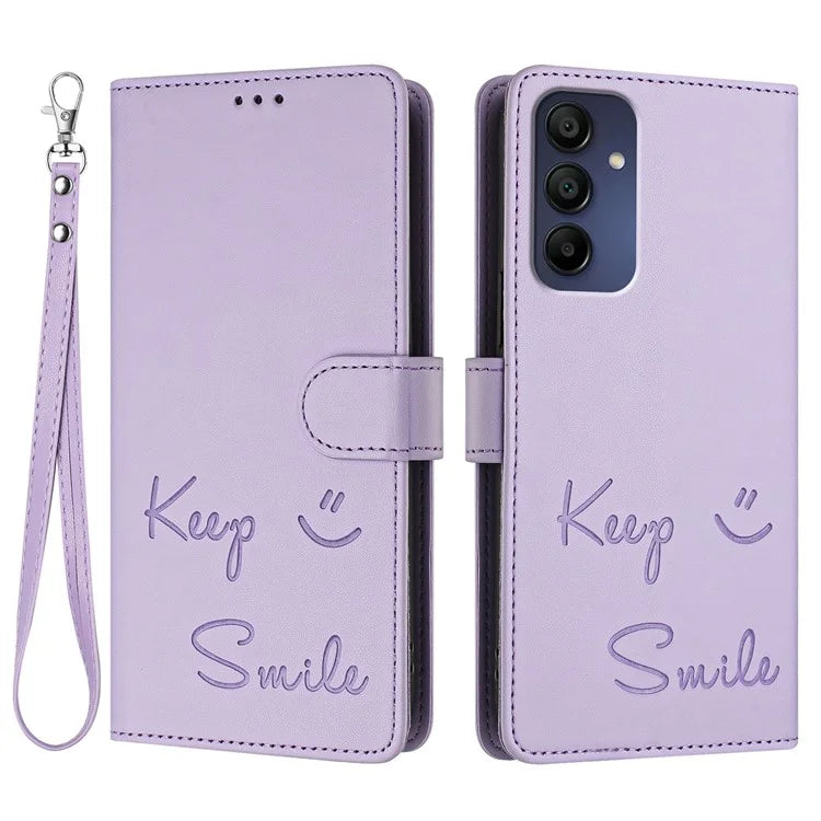 For Samsung Galaxy A16 5G Case Smile Imprinted RFID Blocking Leather Phone Cover with Strap