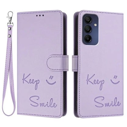 For Samsung Galaxy A16 5G Case Smile Imprinted RFID Blocking Leather Phone Cover with Strap