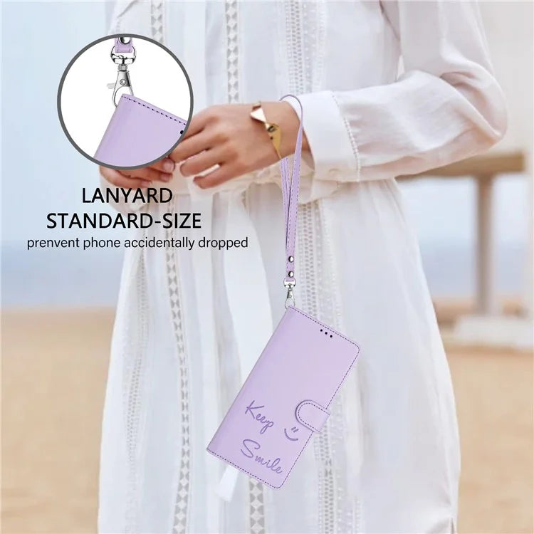 For Samsung Galaxy A16 5G Case Smile Imprinted RFID Blocking Leather Phone Cover with Strap