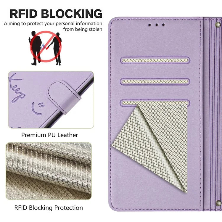For Samsung Galaxy A16 5G Case Smile Imprinted RFID Blocking Leather Phone Cover with Strap