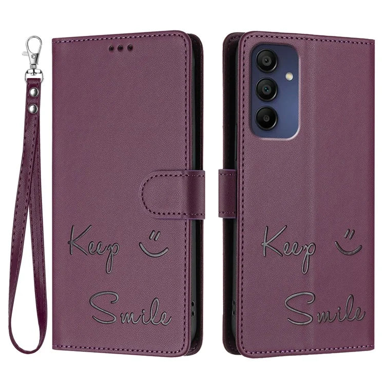 For Samsung Galaxy A16 5G Case Smile Imprinted RFID Blocking Leather Phone Cover with Strap