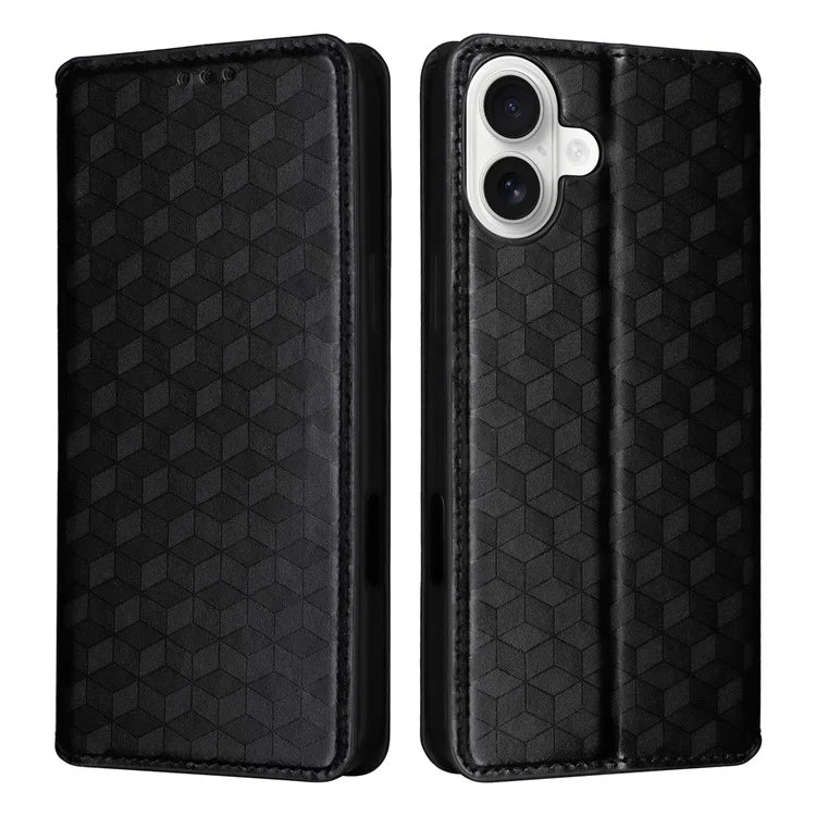 For iPhone 16 Plus Wallet Case Rhombus Imprinted Leather Phone Cover
