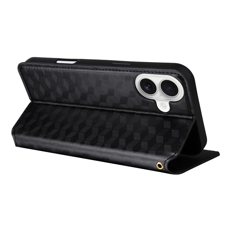 For iPhone 16 Wallet Case Rhombus Imprinted Leather Phone Cover