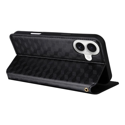 For iPhone 16 Wallet Case Rhombus Imprinted Leather Phone Cover