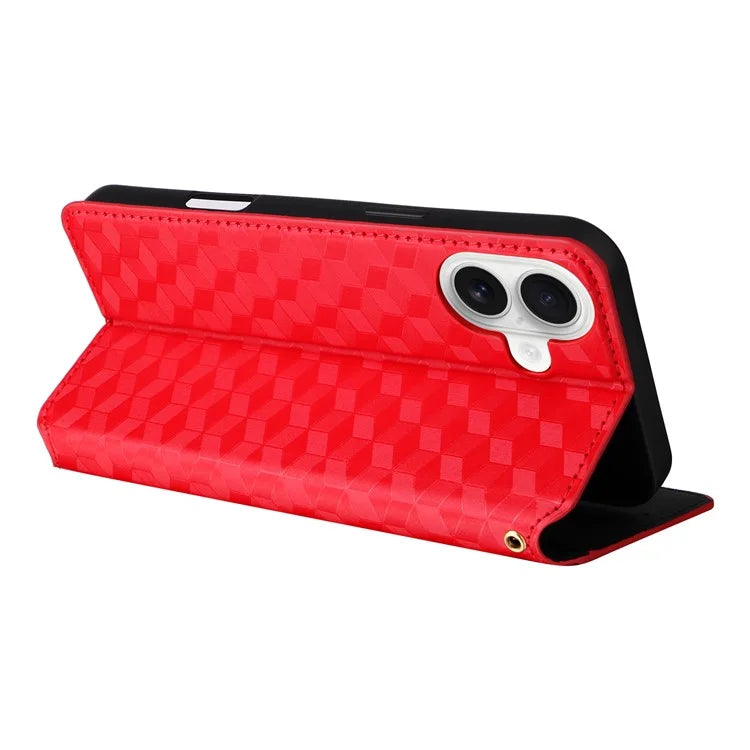 For iPhone 16 Wallet Case Rhombus Imprinted Leather Phone Cover