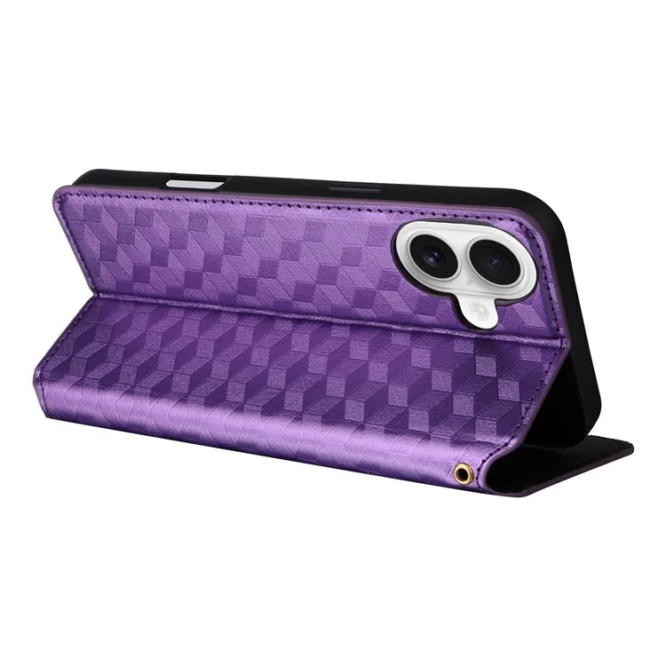 For iPhone 16 Wallet Case Rhombus Imprinted Leather Phone Cover