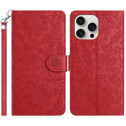 For iPhone 16 Pro Max Case Flower Imprint Leather Flip Wallet Phone Cover with Wrist Strap