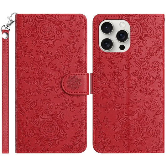 For iPhone 16 Pro Max Case Flower Imprint Leather Flip Wallet Phone Cover with Wrist Strap