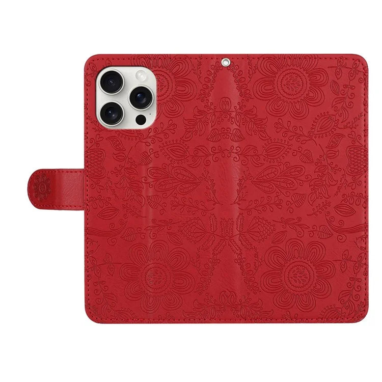 For iPhone 16 Pro Max Case Flower Imprint Leather Flip Wallet Phone Cover with Wrist Strap