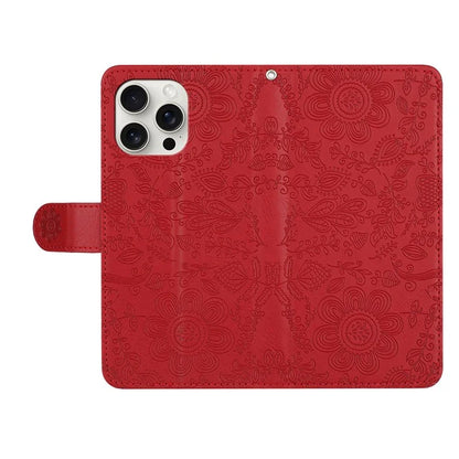 For iPhone 16 Pro Max Case Flower Imprint Leather Flip Wallet Phone Cover with Wrist Strap