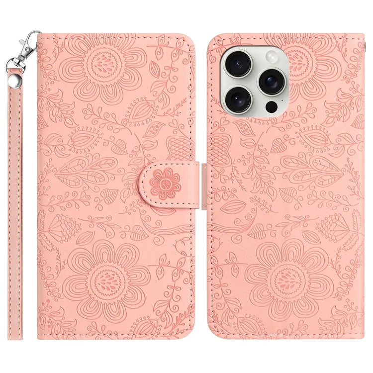 For iPhone 16 Pro Max Case Flower Imprint Leather Flip Wallet Phone Cover with Wrist Strap