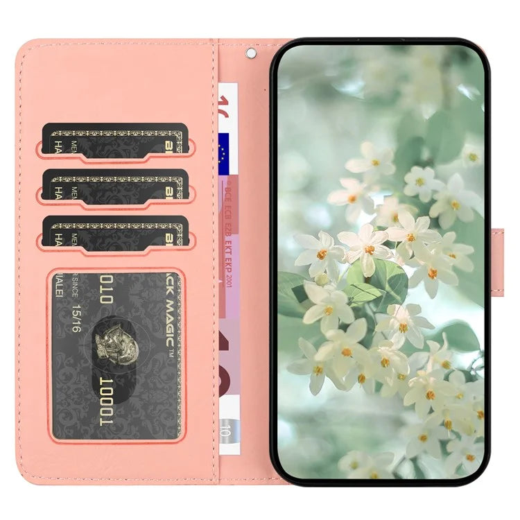For iPhone 16 Pro Max Case Flower Imprint Leather Flip Wallet Phone Cover with Wrist Strap