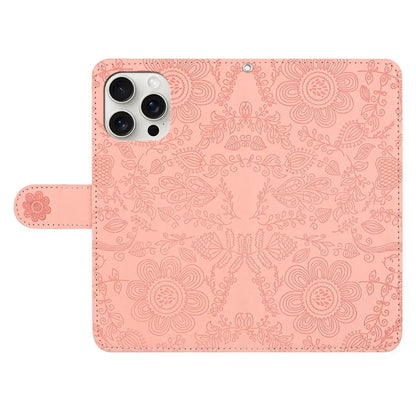 For iPhone 16 Pro Max Case Flower Imprint Leather Flip Wallet Phone Cover with Wrist Strap