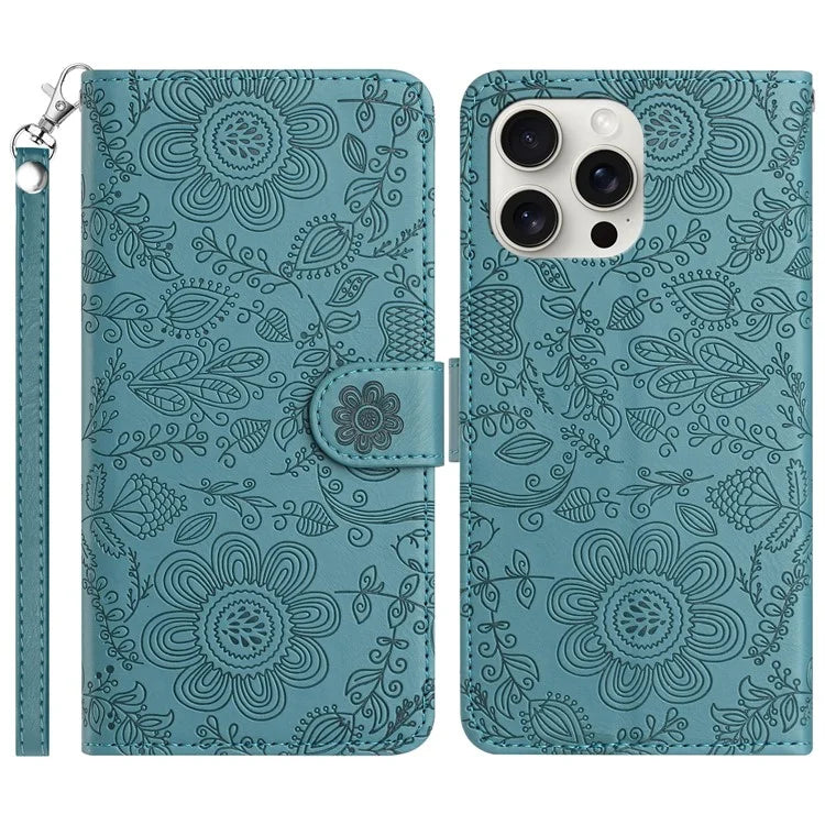 For iPhone 16 Pro Max Case Flower Imprint Leather Flip Wallet Phone Cover with Wrist Strap