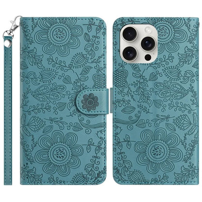 For iPhone 16 Pro Max Case Flower Imprint Leather Flip Wallet Phone Cover with Wrist Strap