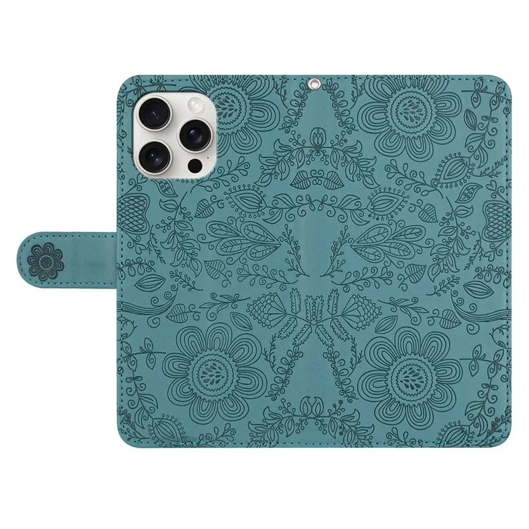 For iPhone 16 Pro Max Case Flower Imprint Leather Flip Wallet Phone Cover with Wrist Strap
