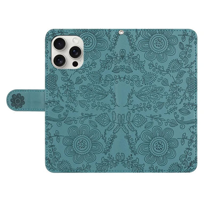 For iPhone 16 Pro Max Case Flower Imprint Leather Flip Wallet Phone Cover with Wrist Strap