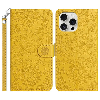 For iPhone 16 Pro Max Case Flower Imprint Leather Flip Wallet Phone Cover with Wrist Strap