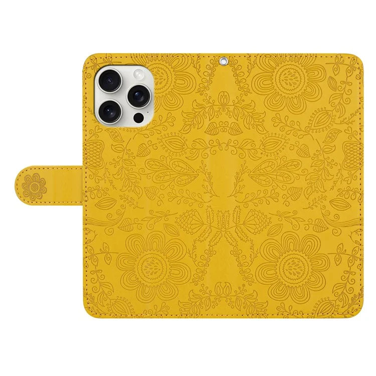 For iPhone 16 Pro Max Case Flower Imprint Leather Flip Wallet Phone Cover with Wrist Strap