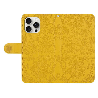 For iPhone 16 Pro Max Case Flower Imprint Leather Flip Wallet Phone Cover with Wrist Strap