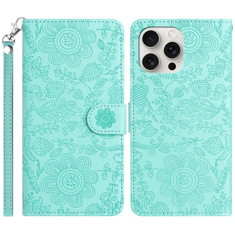 For iPhone 16 Pro Max Case Flower Imprint Leather Flip Wallet Phone Cover with Wrist Strap