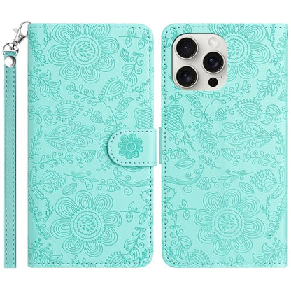 For iPhone 16 Pro Max Case Flower Imprint Leather Flip Wallet Phone Cover with Wrist Strap
