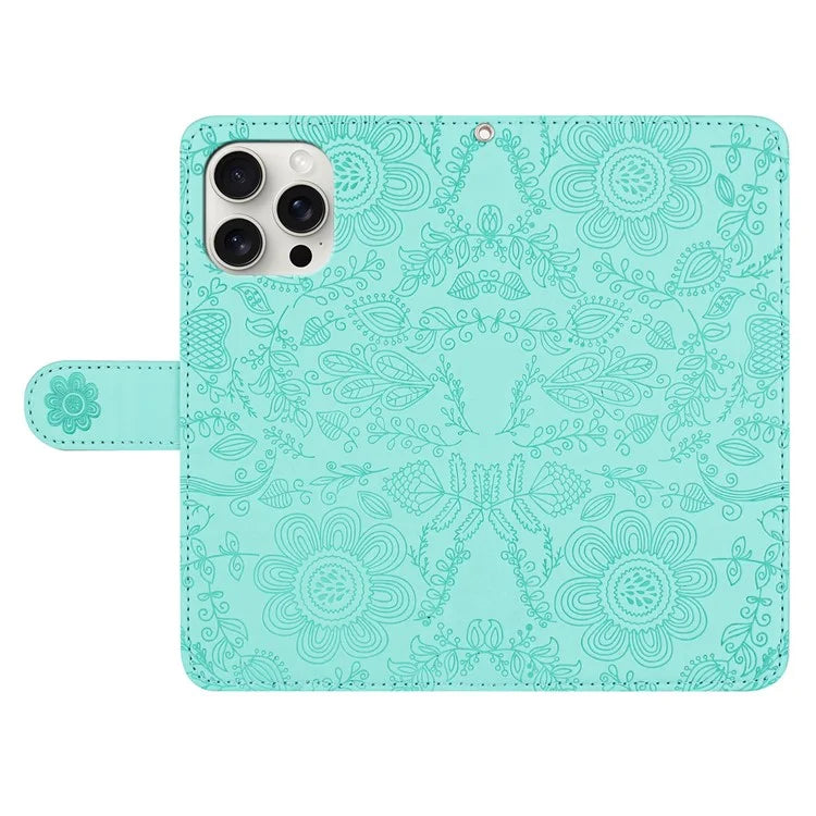 For iPhone 16 Pro Max Case Flower Imprint Leather Flip Wallet Phone Cover with Wrist Strap