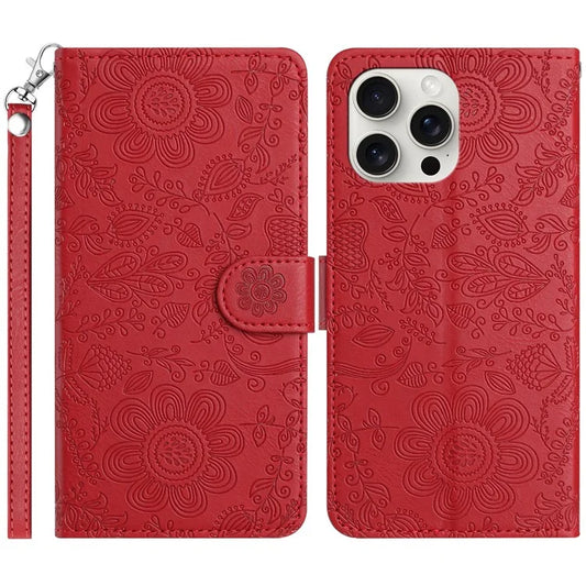 For iPhone 13 Pro Case Flower Imprint Leather Flip Wallet Phone Cover with Wrist Strap
