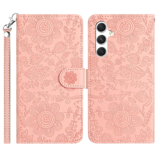 For Samsung Galaxy A25 5G (Global) (161.0 x 76.5 x 8.3mm) Case Flower Imprint Leather Flip Wallet Phone Cover with Wrist Strap