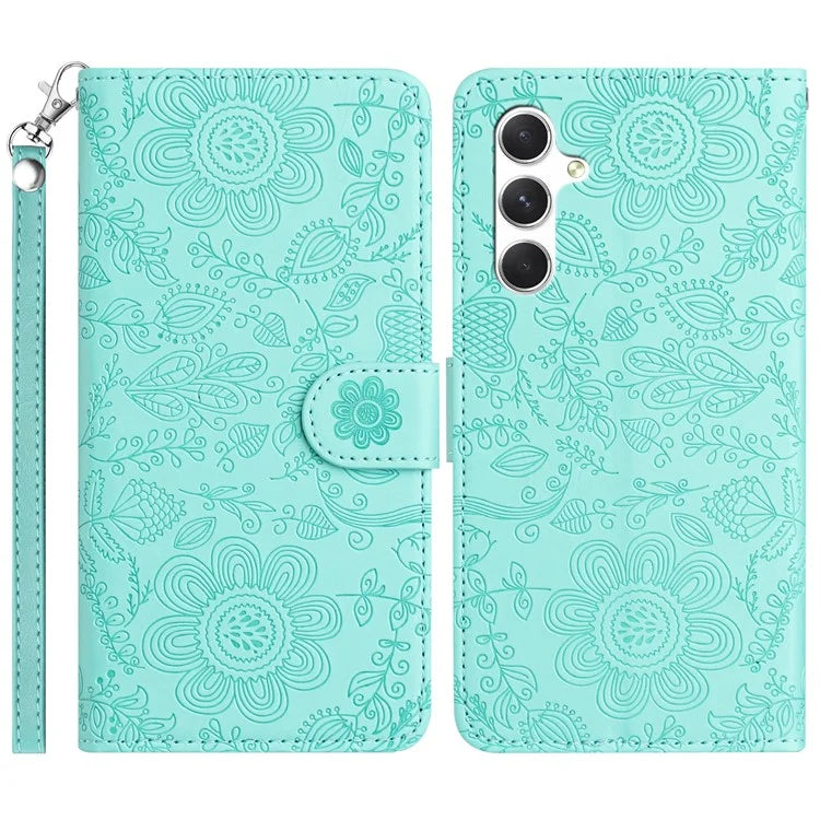 For Samsung Galaxy A55 5G Case Flower Imprint Leather Flip Wallet Phone Cover with Wrist Strap