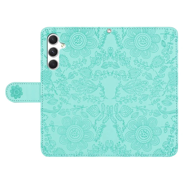 For Samsung Galaxy A55 5G Case Flower Imprint Leather Flip Wallet Phone Cover with Wrist Strap