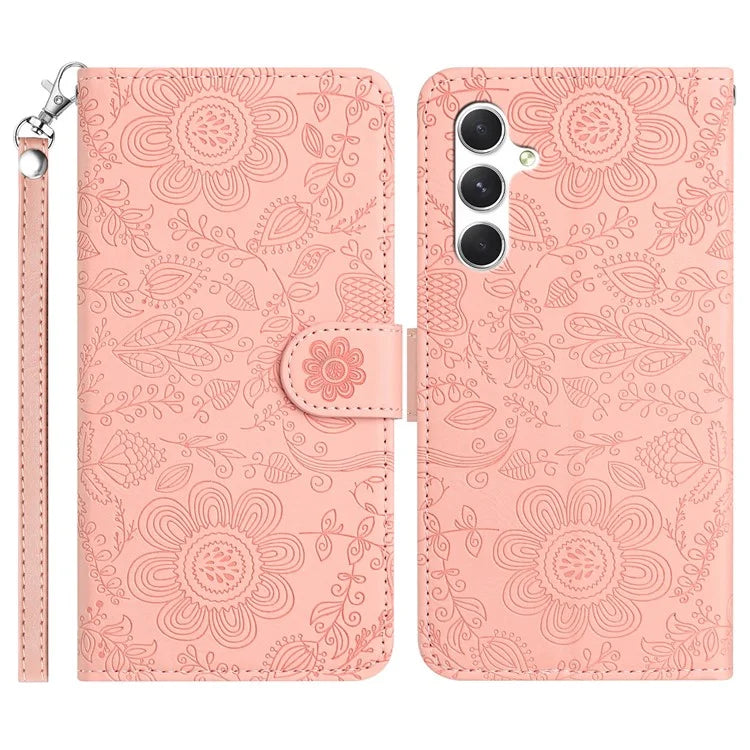 For Samsung Galaxy A55 5G Case Flower Imprint Leather Flip Wallet Phone Cover with Wrist Strap