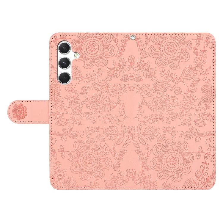 For Samsung Galaxy A55 5G Case Flower Imprint Leather Flip Wallet Phone Cover with Wrist Strap
